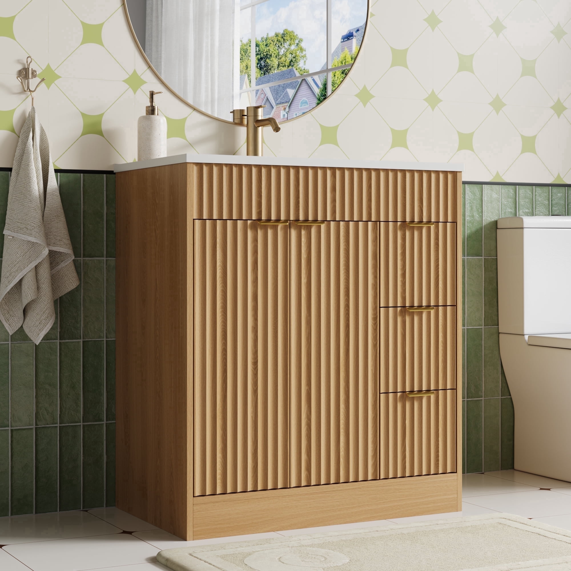 ASTUVIA 30" Fluted Bathroom Vanity Cabinet with 3 Drawers,Bathroom Vanity with Sink and Soft-Close Doors,Freestanding Small Bathroom Sink Cabinet,OAK