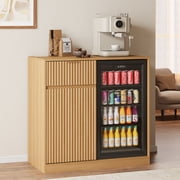 ASTUVIA 39.4" Mini Fridge Cabinet with Power Outlet,Fluted Coffee Bar Cabinet with Mini Fridge Space,Buffet Sideboard with Drawers,Natural