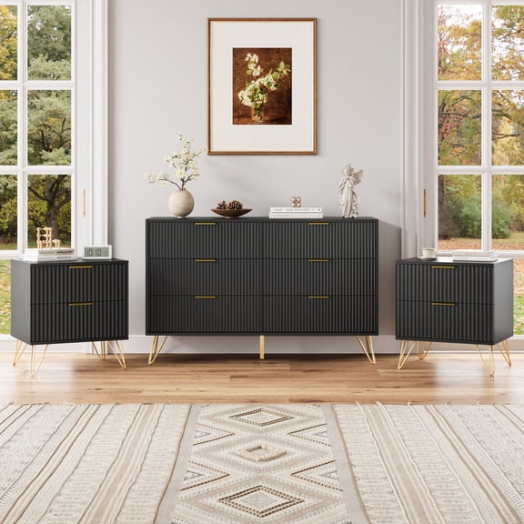ASTUVIA 3PCS Fluted Bedroom Furniture Sets for Adult,6 Drawer Dresser With 2PCS Nightstands set，Black