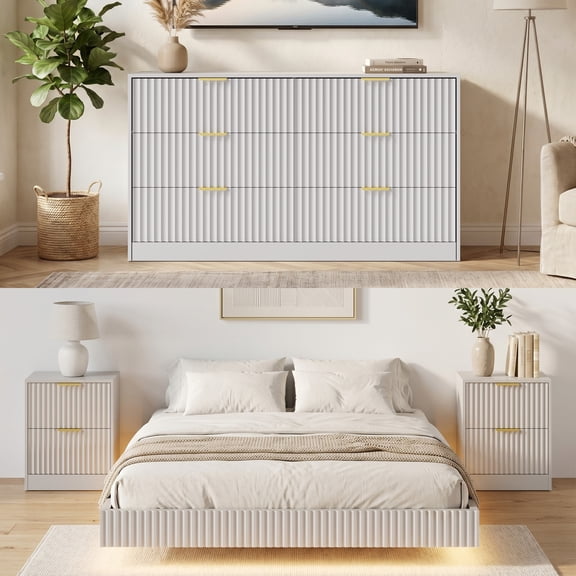 ASTUVIA 4-Piece Bedroom Set for Adult, Fluted Queen Floating LED Bed Frame with 2 Nightstands and Fluted 6 Drawer Dressers,White