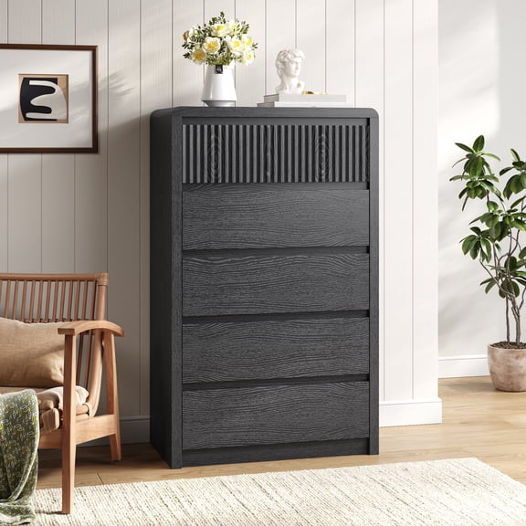 ASTUVIA 5 Drawers Dresser for Bedroom, 48.4" Tall Chest of Drawers with Curved Profile Design, Mid Century Fluted Storage Dressers Organizer,Black