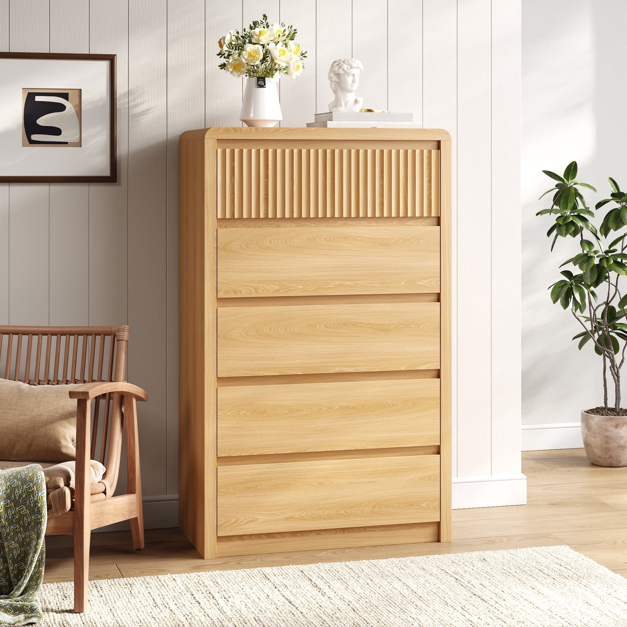 ASTUVIA 5 Drawers Dresser for Bedroom, 48.4" Tall Chest of Drawers with Curved Profile Design, Mid Century Fluted Storage Dressers Organizer,Natural