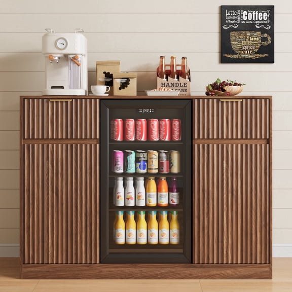 ASTUVIA 53" Mini Fridge Cabinet with Power Outlet,Fluted Coffee Bar Cabinet with Mini Fridge Space,Buffet Sideboard with Drawers,Brown