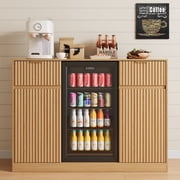 ASTUVIA 53" Mini Fridge Cabinet with Power Outlet,Fluted Coffee Bar Cabinet with Mini Fridge Space,Buffet Sideboard with Drawers,Natural