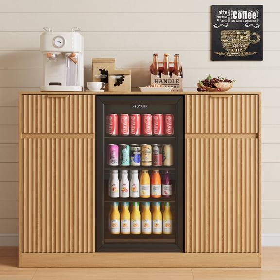 ASTUVIA 53" Mini Fridge Cabinet with Power Outlet,Fluted Coffee Bar Cabinet with Mini Fridge Space,Buffet Sideboard with Drawers,Natural