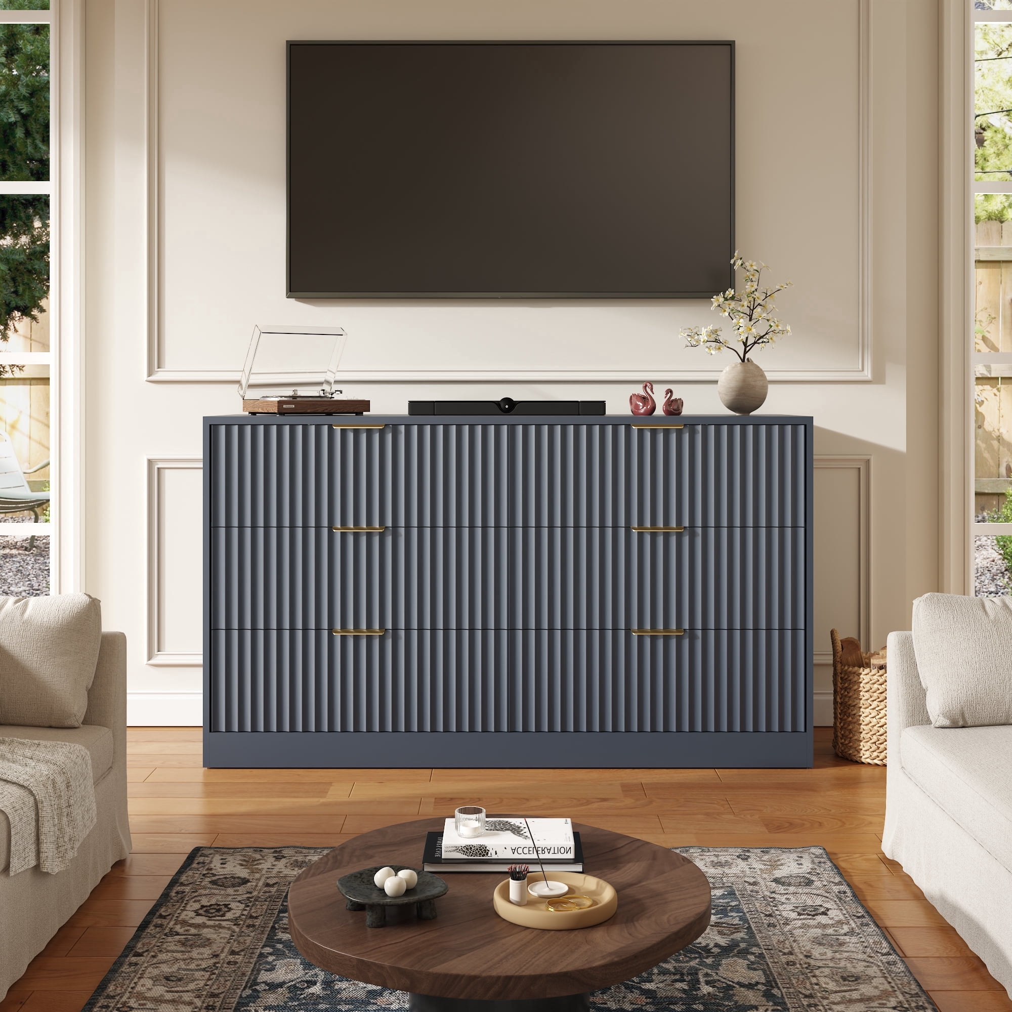 ASTUVIA 55.1" W Fluted 6 Drawer Dresser for Adult,Wooden Bedroom Dresser,Dresser TV Stand up to 65" for Living Room,Blue