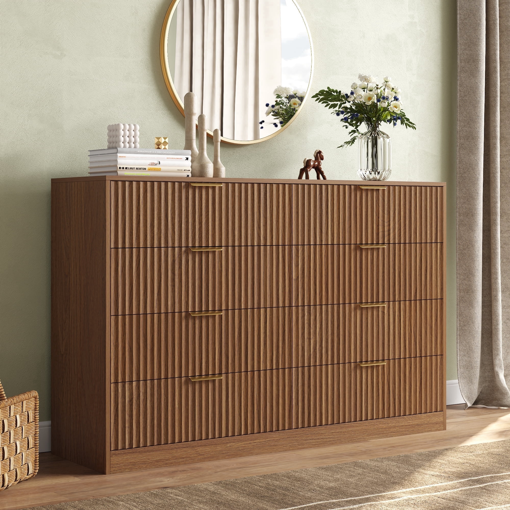 ASTUVIA 55.1" W Fluted 8 Drawer Dresser for Adult,Wooden Bedroom Dresser,Dresser TV Stand up to 65" for Living Room,Oak
