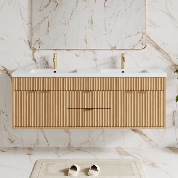 ASTUVIA 60" Fluted Bathroom Vanity Cabinet with 2 Drawers,Bathroom Vanity with Sink and 4 Soft-Close Doors,Floating Bathroom Sink Cabinet,OAK