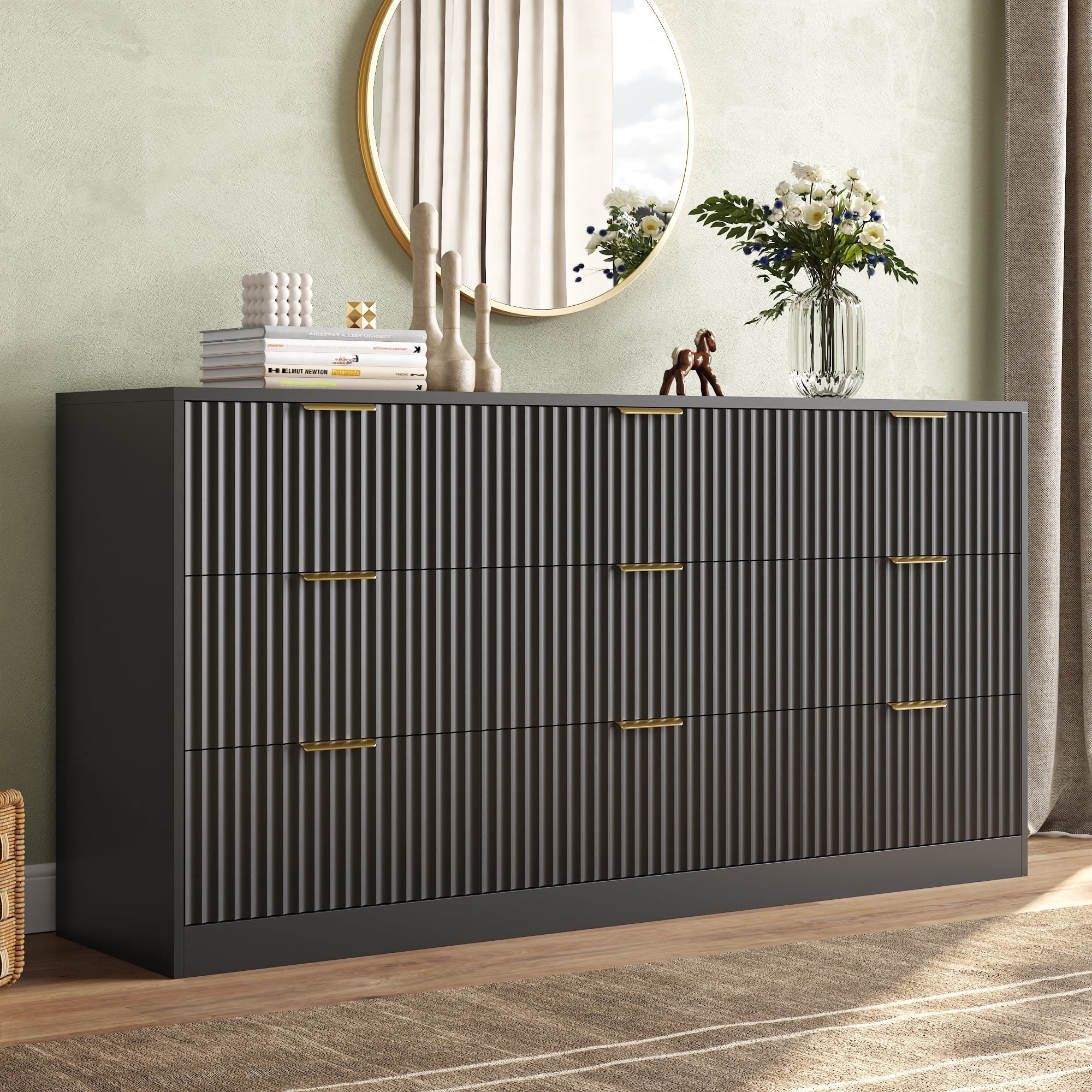 ASTUVIA 63" W Fluted 9 Drawer Dresser for Adult,Wooden Bedroom Dresser,Dresser TV Stand up to 70" for Living Room,Black