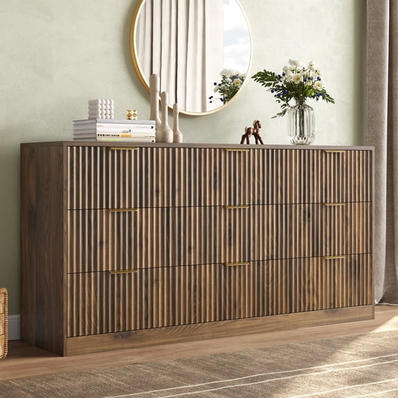 ASTUVIA 63" W Fluted 9 Drawer Dresser for Adult,Wooden Bedroom Dresser,Dresser TV Stand up to 70" for Living Room,Brown