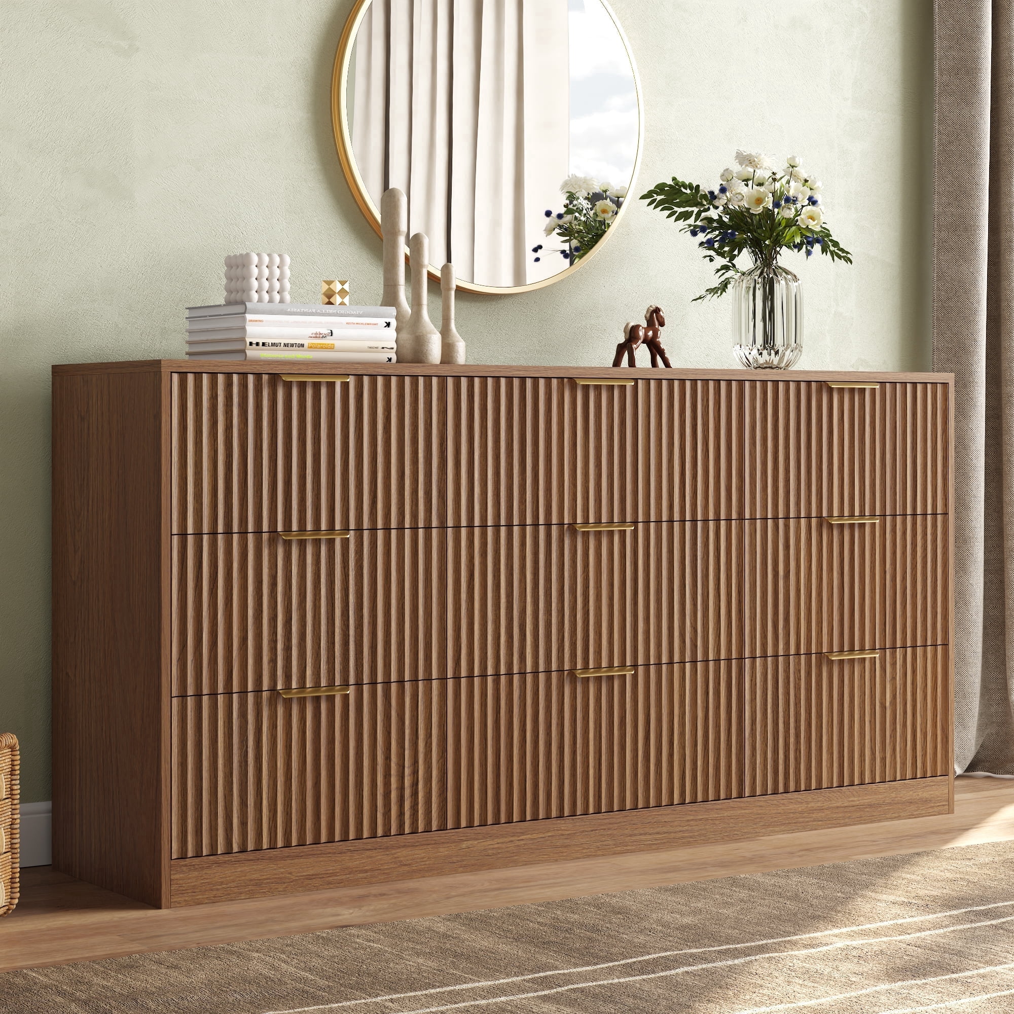 ASTUVIA 63" W Fluted 9 Drawer Dresser for Adult,Wooden Bedroom Dresser,Dresser TV Stand up to 70" for Living Room,Oak
