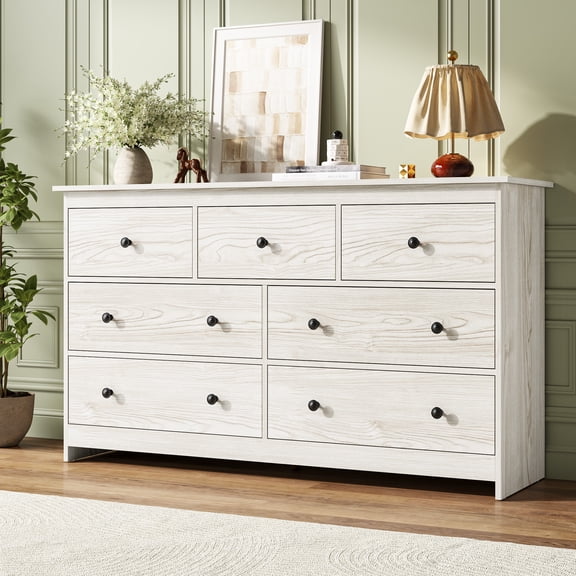 ASTUVIA 7 Drawer Dresser for Adult - Wide TV Stand with Anti-Tip Metal Rails for Bedroom Living Room,Cream