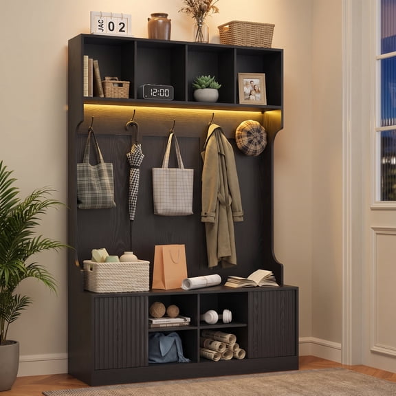 ASTUVIA 70.9"H LED Hall Tree with Bench & Shoe Storage, 47.2"W Entryway Coat Rack with 5 Hooks & 2 Fluted Doors,5 in 1 Coat Hanger for Hallway, Living Room, Black