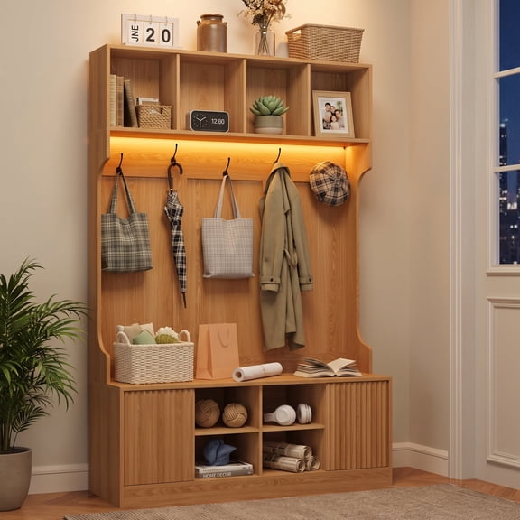 ASTUVIA 70.9"H LED Hall Tree with Bench & Shoe Storage, 47.2"W Entryway Coat Rack with 5 Hooks & 2 Fluted Doors,5 in 1 Coat Hanger for Hallway, Living Room, Natural