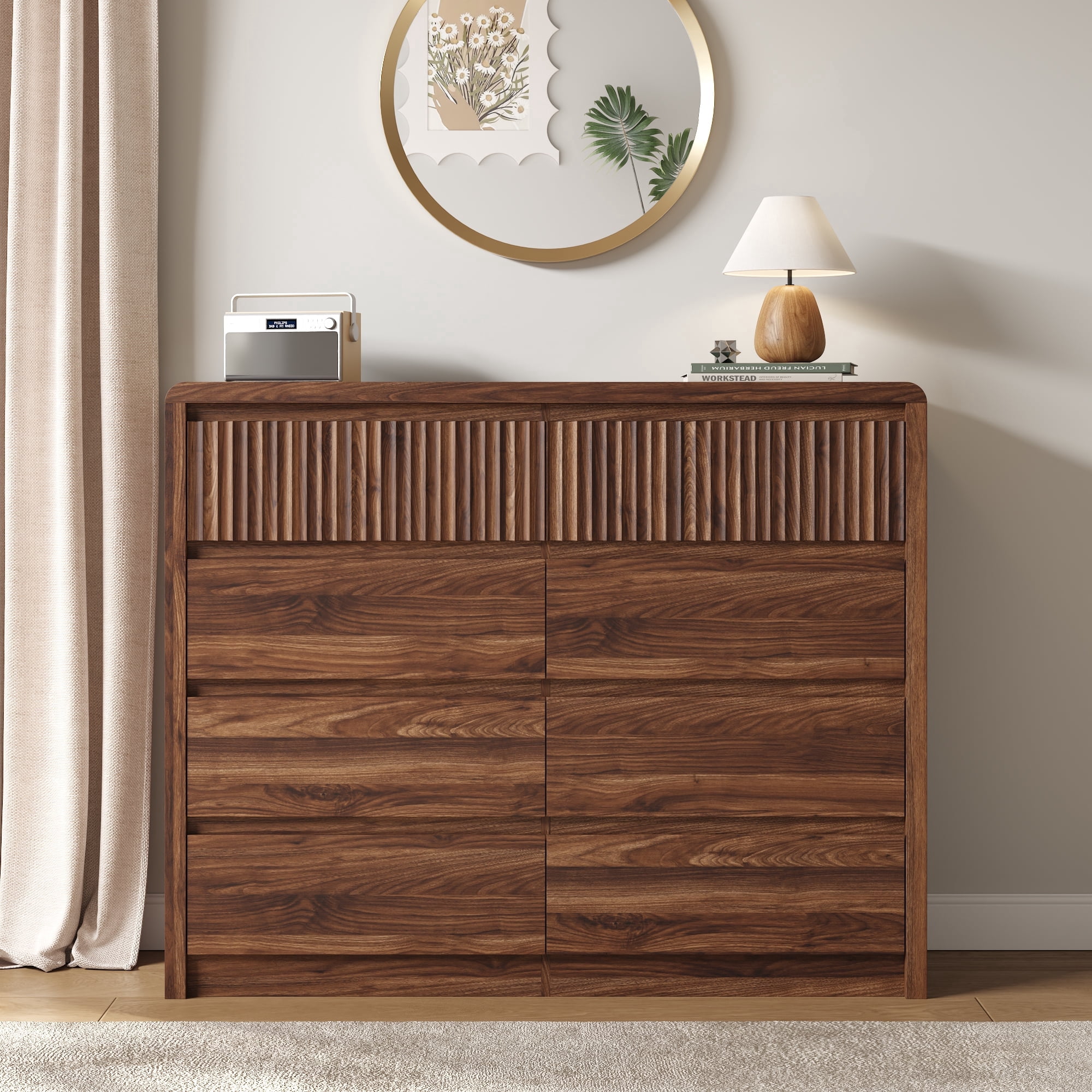 ASTUVIA 8 Drawers Dresser for Bedroom, 49.2" W Modern Chest of Drawers with Curved Profile Design, Mid Century Fluted Storage Dressers Organizer,Brown