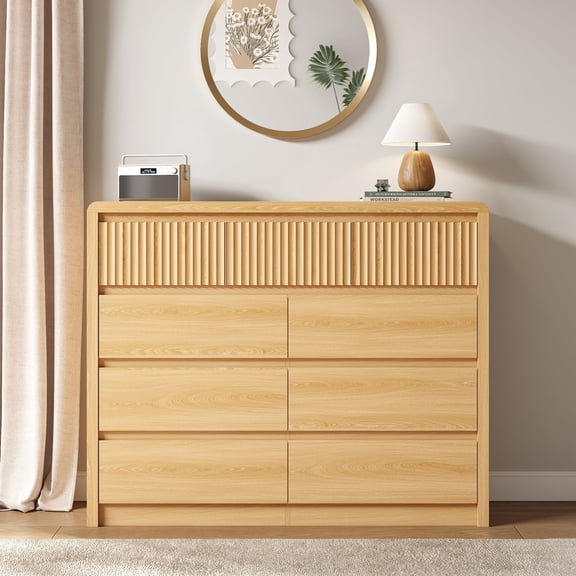 ASTUVIA 9 Fluted Drawers Dresser for Bedroom, 49.2" W Modern Chest of Drawers with Curved Profile Design, Mid Century Storage Dressers Organizer,Natural