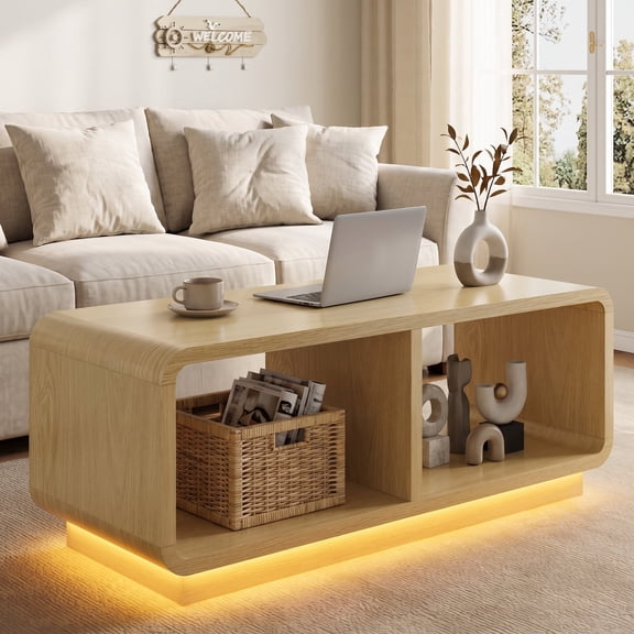 ASTUVIA Coffee Table with LED Lights, 47.2" W TV Stand Center Table with 2-Tiers for Living Room,Natural