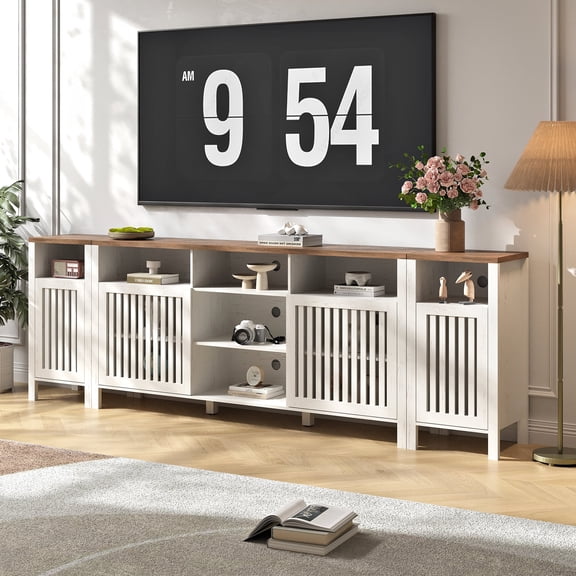 ASTUVIA Farmhouse TV Stand with Storage Cabinet for TVs up to 100" TV, 7 Open Storage Compartments, 96" Media Console with Adjustable Shelves for Living Room,White