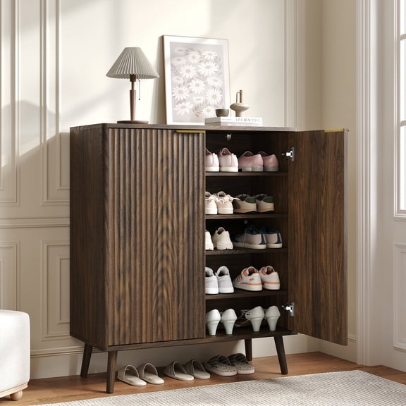 ASTUVIA Fluted Shoe Storage Cabinet with Two Doors for Adult,5-Tier Wood Shoe Rack Organizer with Adjustable Shelves for Entryway,Deep Brown