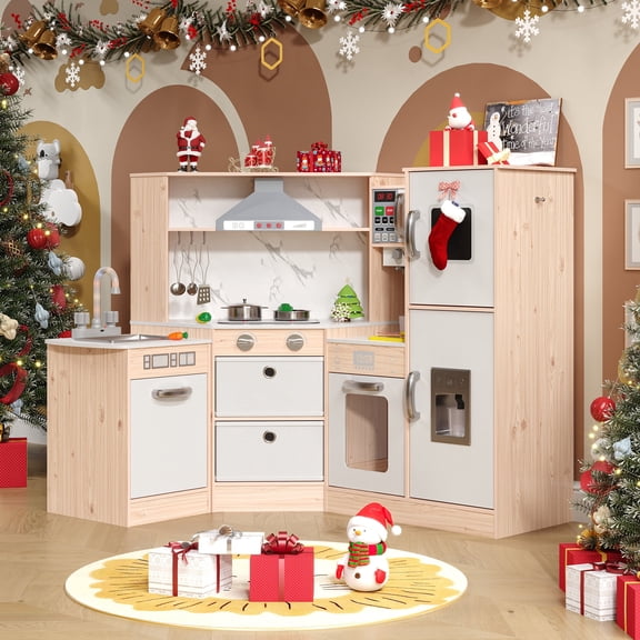 ASTUVIA Wooden Play Kitchen For Kids With Realistic Lights & Sounds, Smart Storage, Pretend Ice Maker, Sink, Stove, Inspiring Creative Role Play Toy