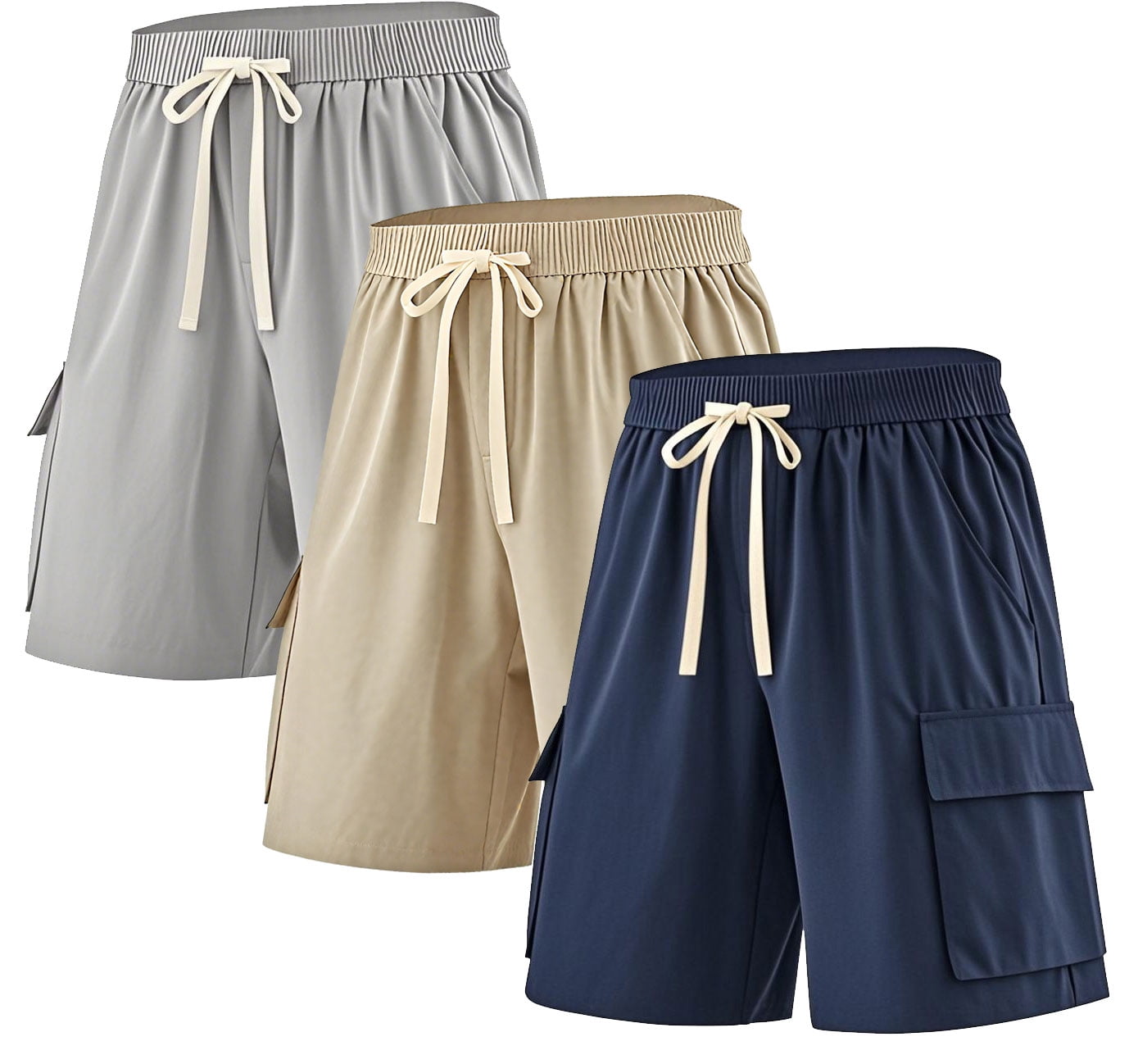 ASUDESIRE 3 Pack Men's Cargo Shorts Elastic Waistband Drawstring Casual Shorts 4 Pockets Classic Fit