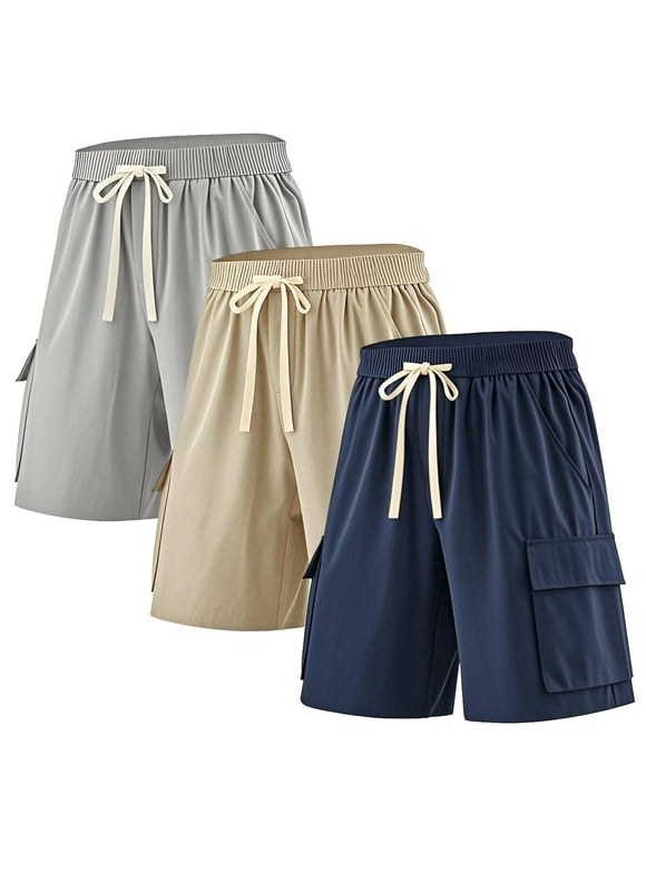 3 Pack Men's Cargo Shorts Elastic Waistband Drawstring Casual Shorts 4 Pockets Classic Fit