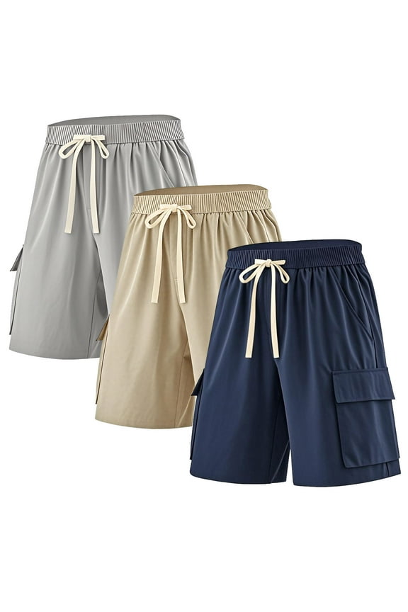 3 Pack Men's Cargo Shorts Elastic Waistband Drawstring Casual Shorts 4 Pockets Classic Fit