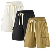 3 Pack Men's Cargo Shorts Elastic Waistband Drawstring Casual Shorts 4 Pockets Classic Fit
