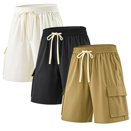 ASUDESIRE 3 Pack Men's Cargo Shorts Elastic Waistband Drawstring Casual Shorts 4 Pockets Classic Fit