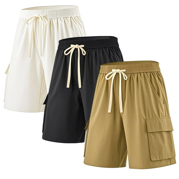 ASUDESIRE 3 Pack Men's Cargo Shorts Elastic Waistband Drawstring Casual Shorts 4 Pockets Classic Fit
