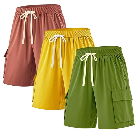 ASUDESIRE 3 Pack Men's Cargo Shorts Elastic Waistband Drawstring Casual Shorts 4 Pockets Classic Fit