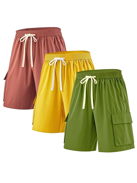3 Pack Men's Cargo Shorts Elastic Waistband Drawstring Casual Shorts 4 Pockets Classic Fit