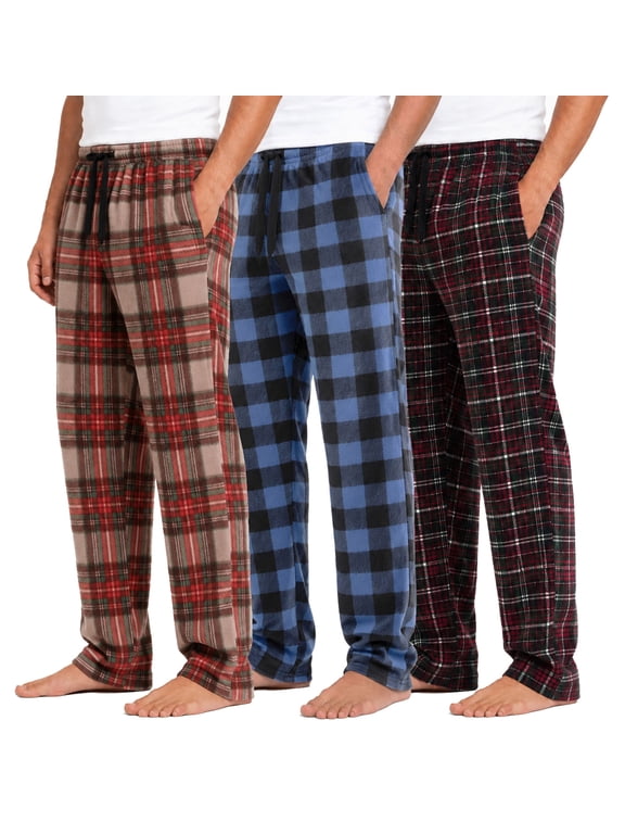 3 Pack Men's Fleece Pajama Pants Classic Plaid PJs Bottoms Lounge Sleepwear With Pockets
