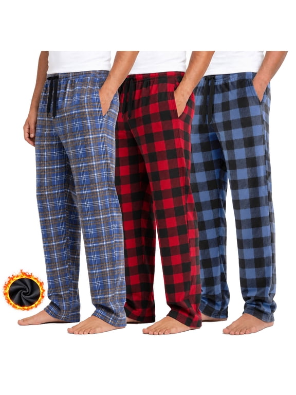 3 Pack Men's Fleece Pajama Pants Classic Plaid PJs Bottoms Lounge Sleepwear With Pockets