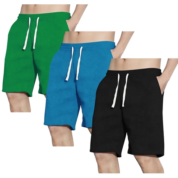 ASUDESIRE 3 Pack Men's Shorts Waffle Textured Casual Shorts with Pockets Drawstring Elastic Waistband