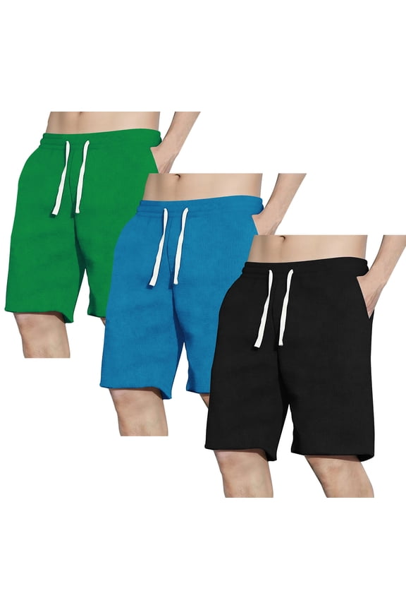 3 Pack Men's Shorts Waffle Textured Casual Shorts with Pockets Drawstring Elastic Waistband