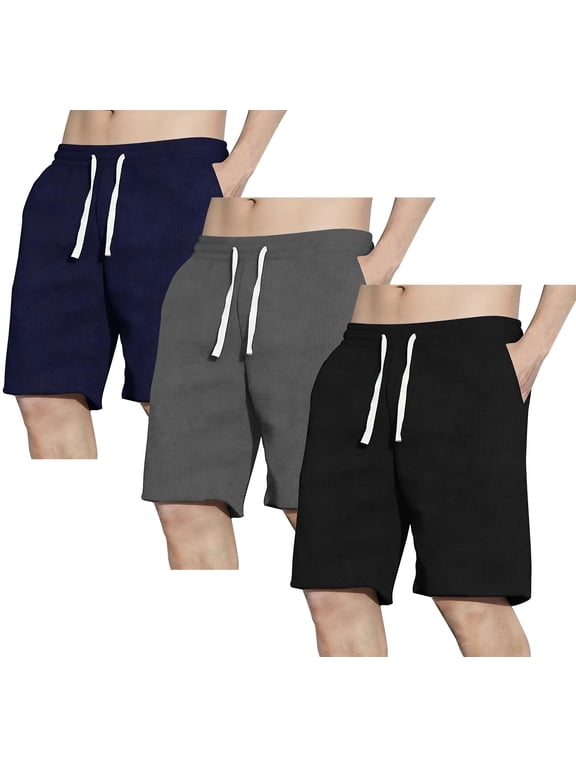 3 Pack Men's Shorts Waffle Textured Casual Shorts with Pockets Drawstring Elastic Waistband