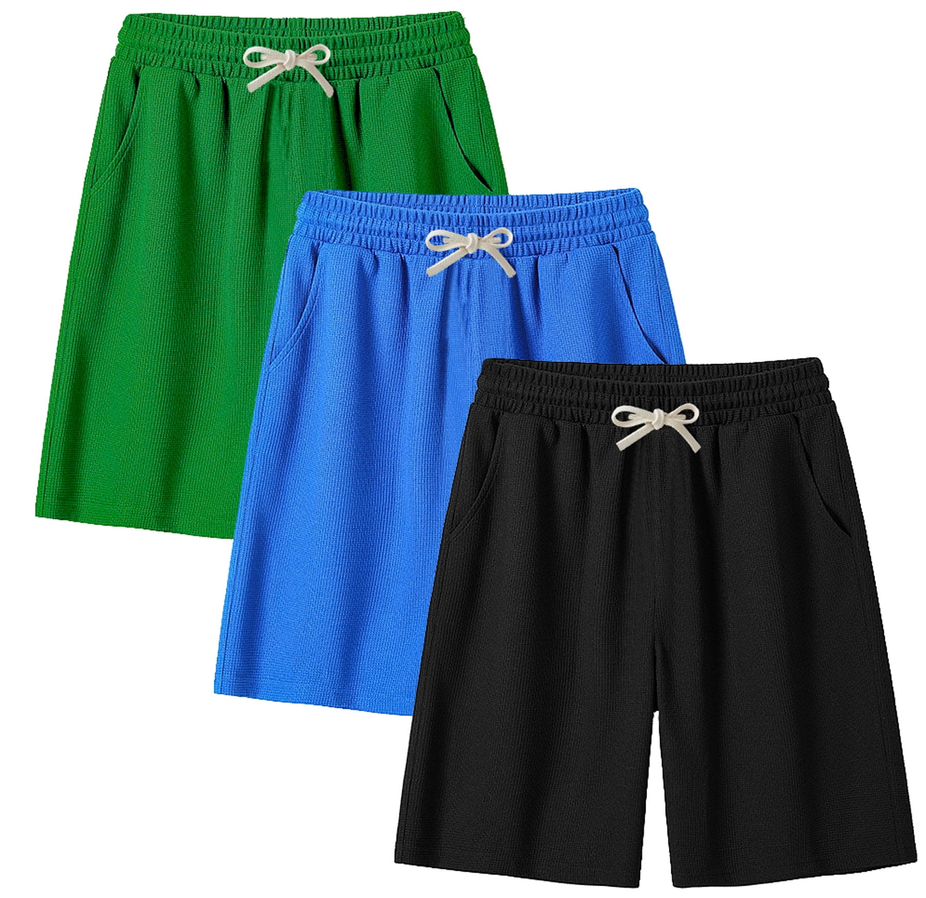 ASUDESIRE 3 Pack Men's Shorts Waffle Textured Casual Shorts with Pockets Drawstring Elastic Waistband