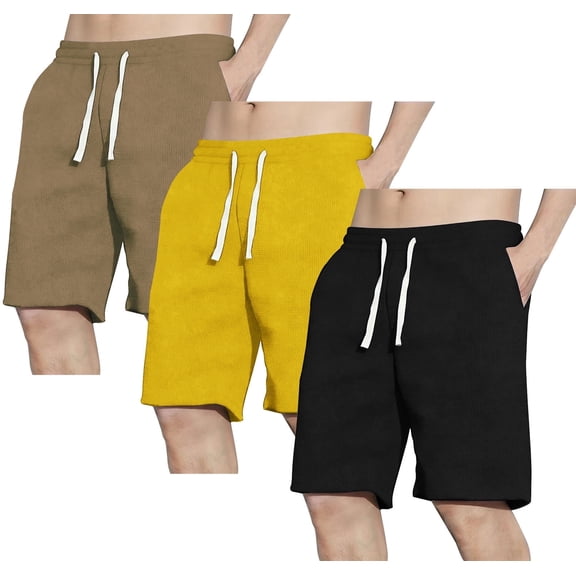 ASUDESIRE 3 Pack Men's Shorts Waffle Textured Casual Shorts with Pockets Drawstring Elastic Waistband