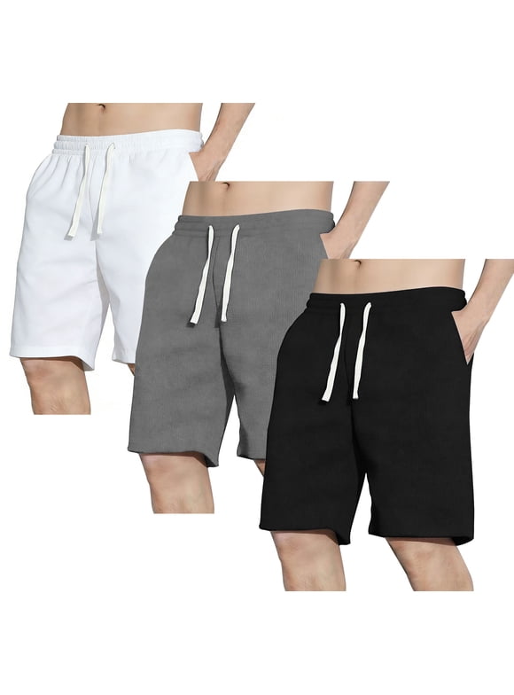 3 Pack Men's Shorts Waffle Textured Casual Shorts with Pockets Drawstring Elastic Waistband
