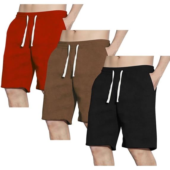 ASUDESIRE 3 Pack Men's Shorts Waffle Textured Casual Shorts with Pockets Drawstring Elastic Waistband