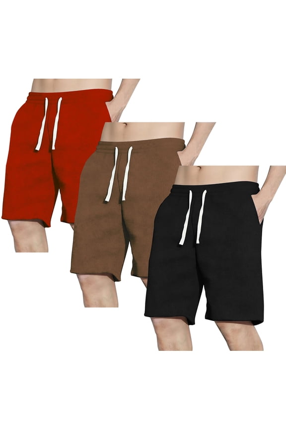 3 Pack Men's Shorts Waffle Textured Casual Shorts with Pockets Drawstring Elastic Waistband