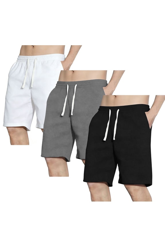 3 Pack Men's Shorts Waffle Textured Casual Shorts with Pockets Drawstring Elastic Waistband