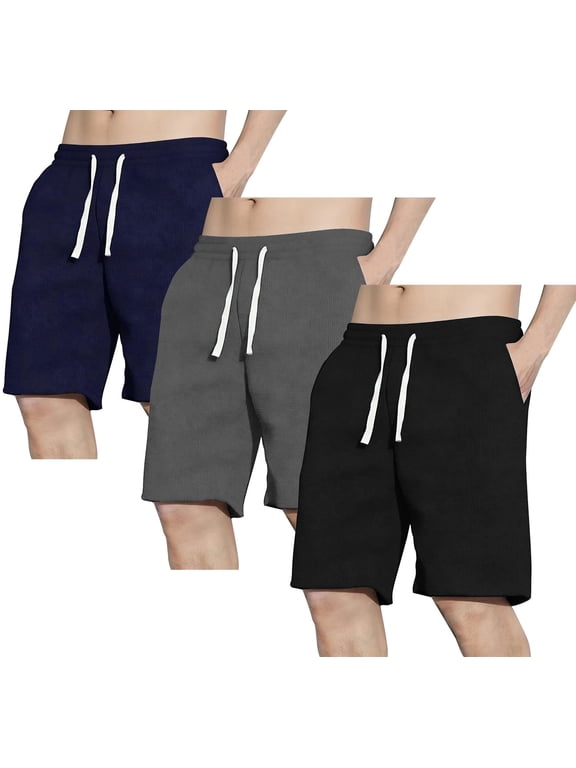 3 Pack Men's Shorts Waffle Textured Casual Shorts with Pockets Drawstring Elastic Waistband