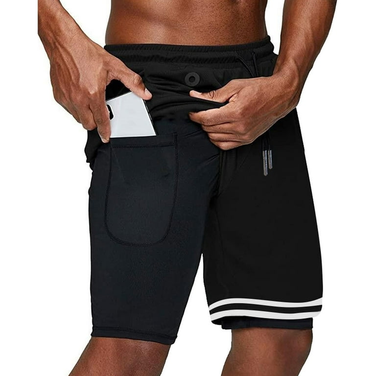 ASUDESIRE Men s Athletic Shorts 2 in 1 Workout Running Shorts with Reflective Zipper Pockets and Towel Loop Black XXL
