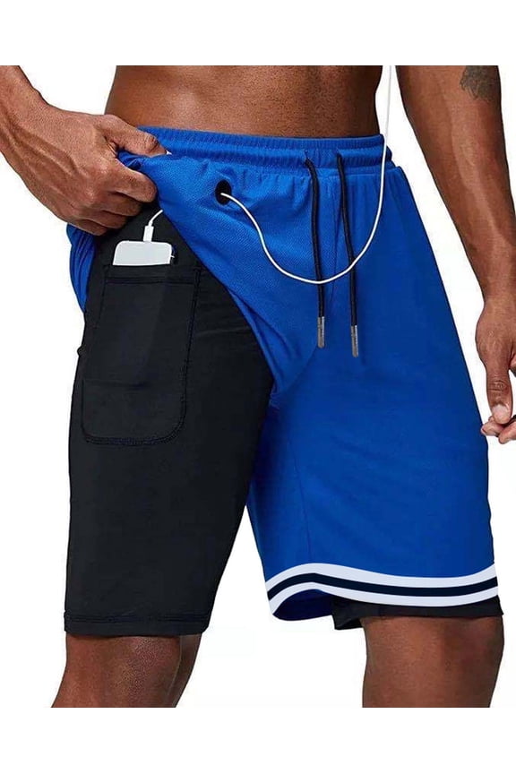 Men's Athletic Shorts 2 in 1 Workout Running Shorts with Reflective Zipper Pockets and Towel Loop-Blue-L