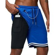 Men's Athletic Shorts 2 in 1 Workout Running Shorts with Reflective Zipper Pockets and Towel Loop-Blue-M