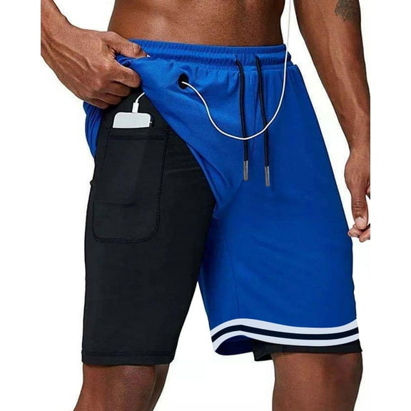 ASUDESIRE Men's Athletic Shorts 2 in 1 Workout Running Shorts with Reflective Zipper Pockets and Towel Loop-Blue-S