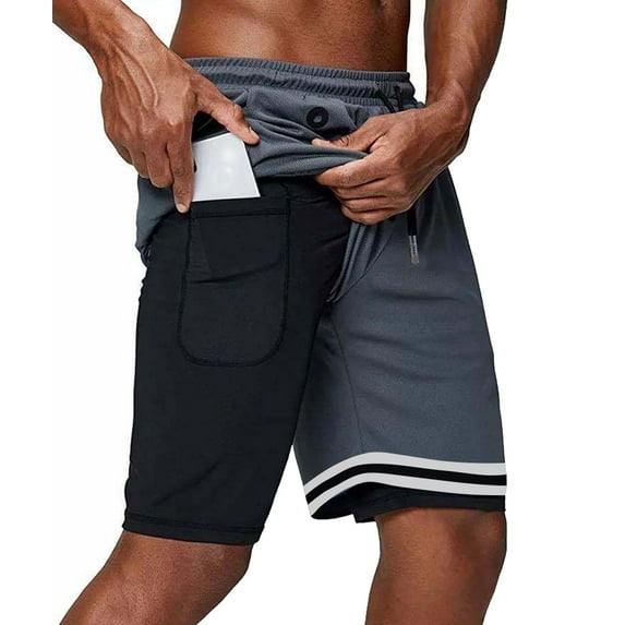 ASUDESIRE Men's Athletic Shorts 2 in 1 Workout Running Shorts with Reflective Zipper Pockets and Towel Loop-Grey-XL