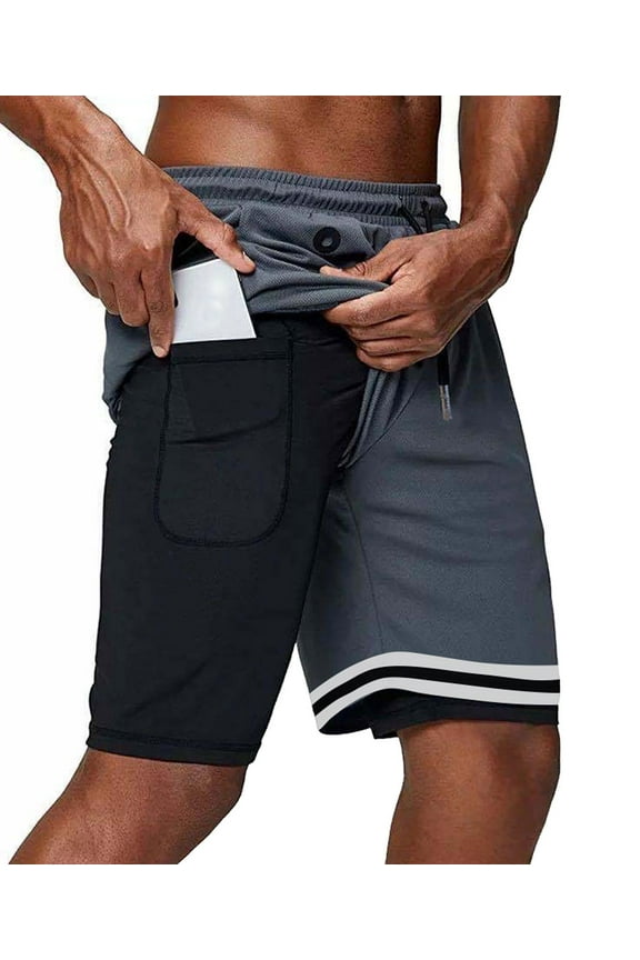 Men's Athletic Shorts 2 in 1 Workout Running Shorts with Reflective Zipper Pockets and Towel Loop-Grey-XL